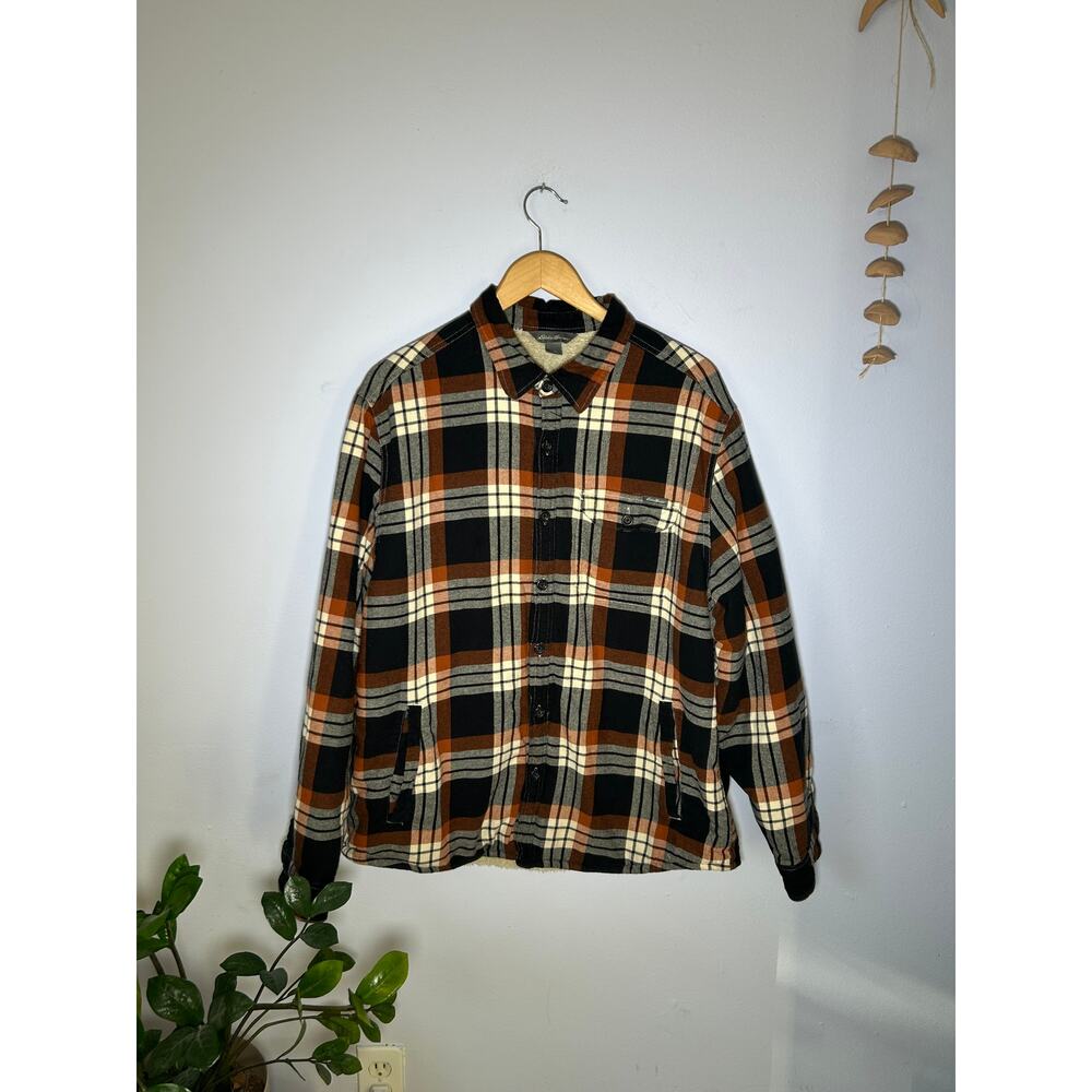 Brown Eddie Bauer Shirt Jacket Sherpa Lined Plaid Flannel XL Mens